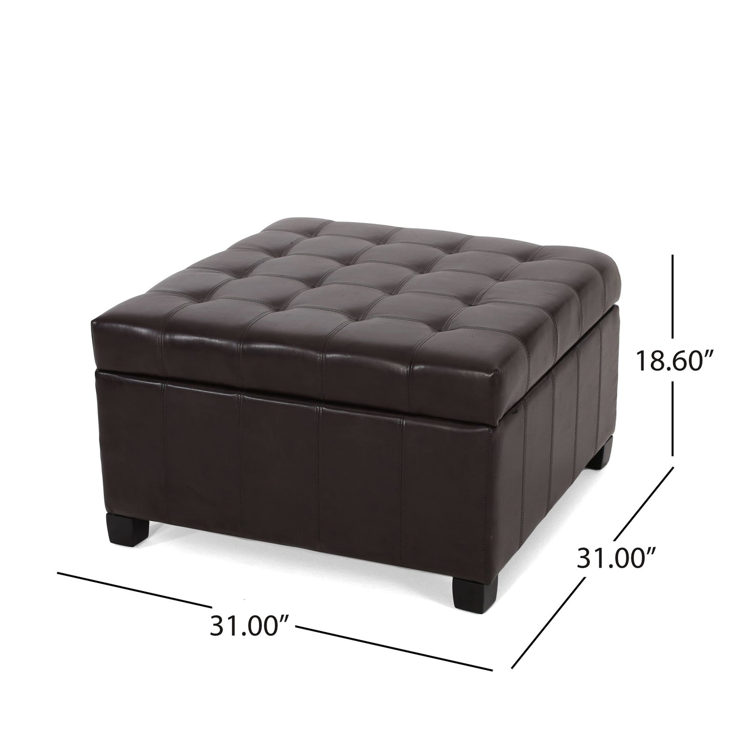 The Isabella Contemporary Ottoman with Storage is a square, dark brown piece with short legs, measuring 31"W x 31"D x 18.6"H. It features an upholstered surface with stitched square detailing and offers convenient hidden storage.