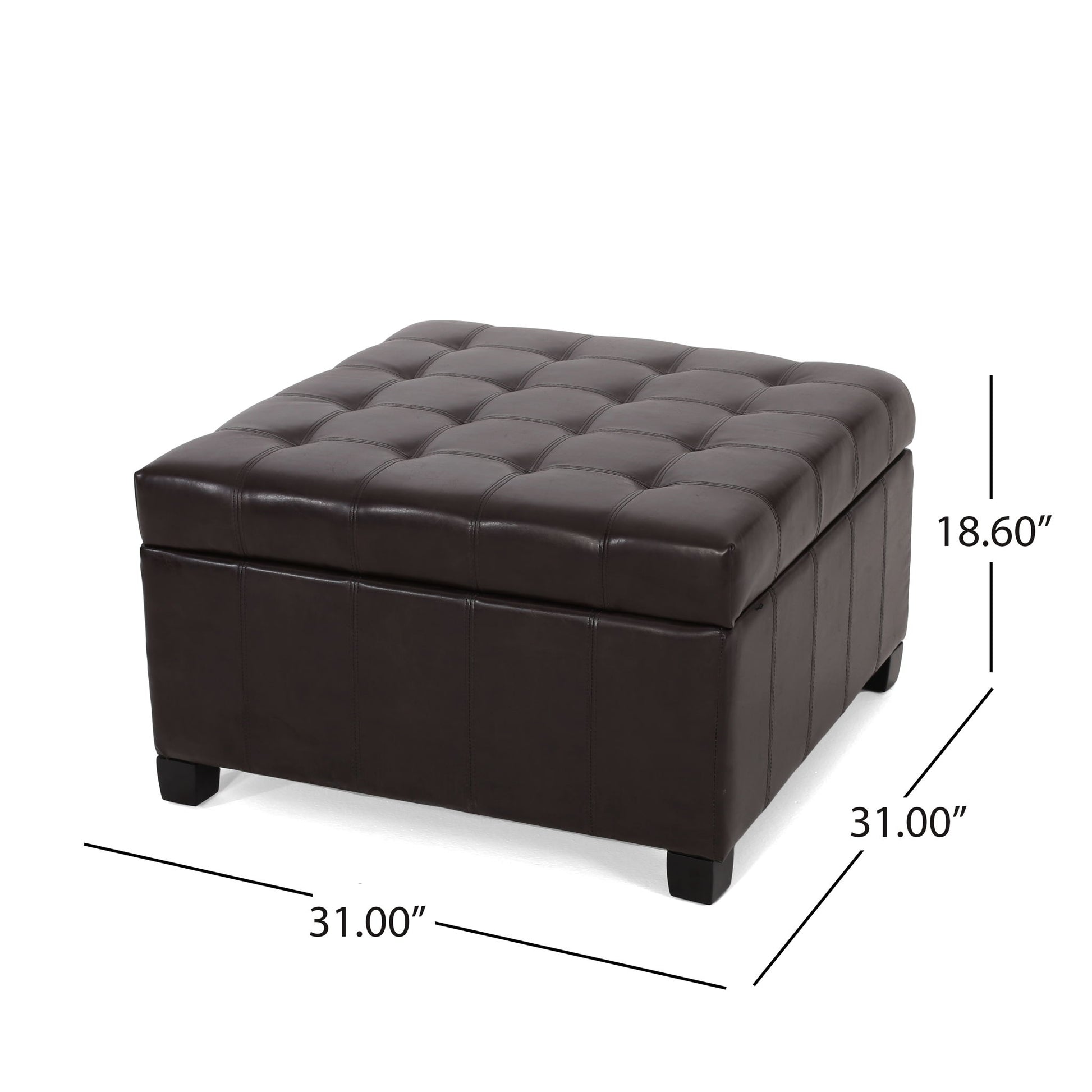 The Isabella Contemporary Ottoman with Storage is a square, dark brown piece with short legs, measuring 31"W x 31"D x 18.6"H. It features an upholstered surface with stitched square detailing and offers convenient hidden storage.