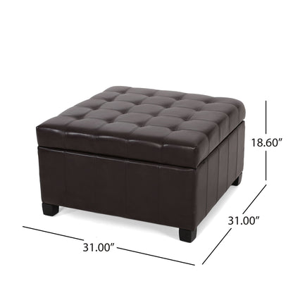 The Isabella Contemporary Ottoman with Storage is a square, dark brown piece with short legs, measuring 31"W x 31"D x 18.6"H. It features an upholstered surface with stitched square detailing and offers convenient hidden storage.