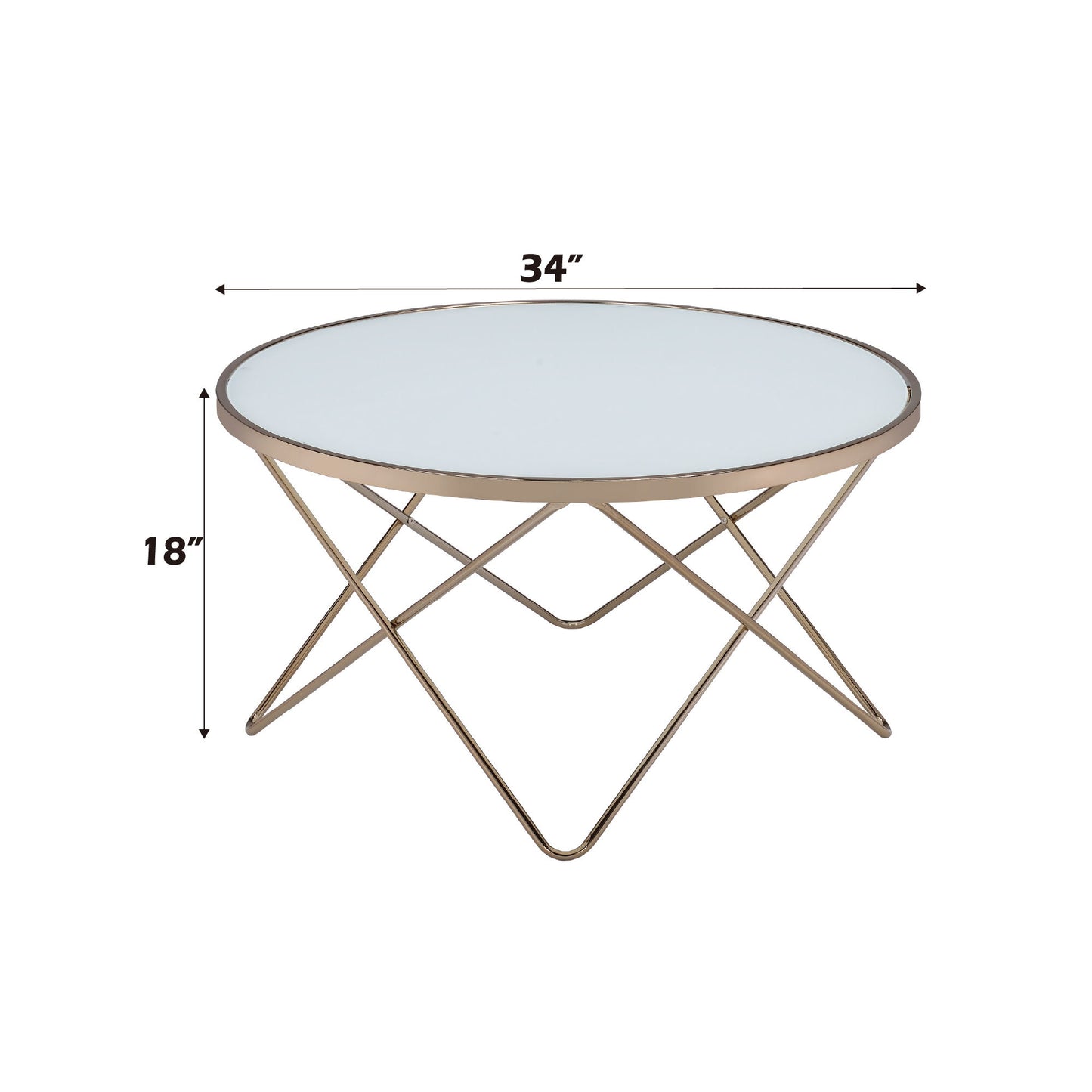 The Valora - Glass Coffee Table features a round glass top, gold metal frame, and crisscross legs. Dimensions: 34 inches wide x 18 inches high.