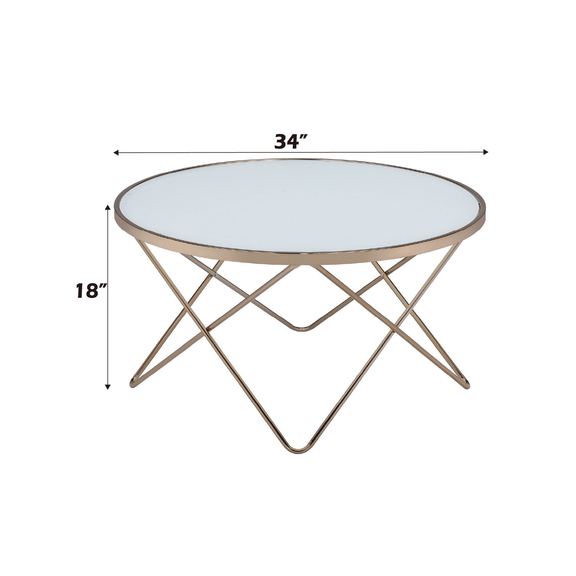 The Valora - Glass Coffee Table features a round glass top, gold metal frame, and crisscross legs. Dimensions: 34 inches wide x 18 inches high.