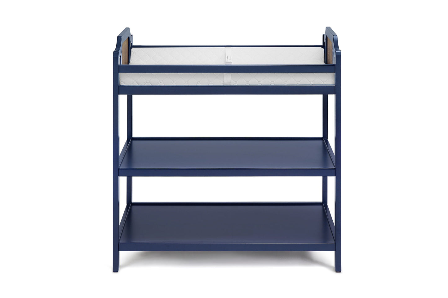 The Brees - Changing Table is a navy blue wooden table with two open shelves and a white cushioned changing pad on top, displayed against a plain white background.