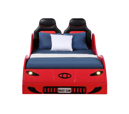 The Colen - Twin Car Bed With LED features a red race car design, two black and red headrests, blue and white bedding, working headlights, and a front license plate labeled "RACE CAR.
