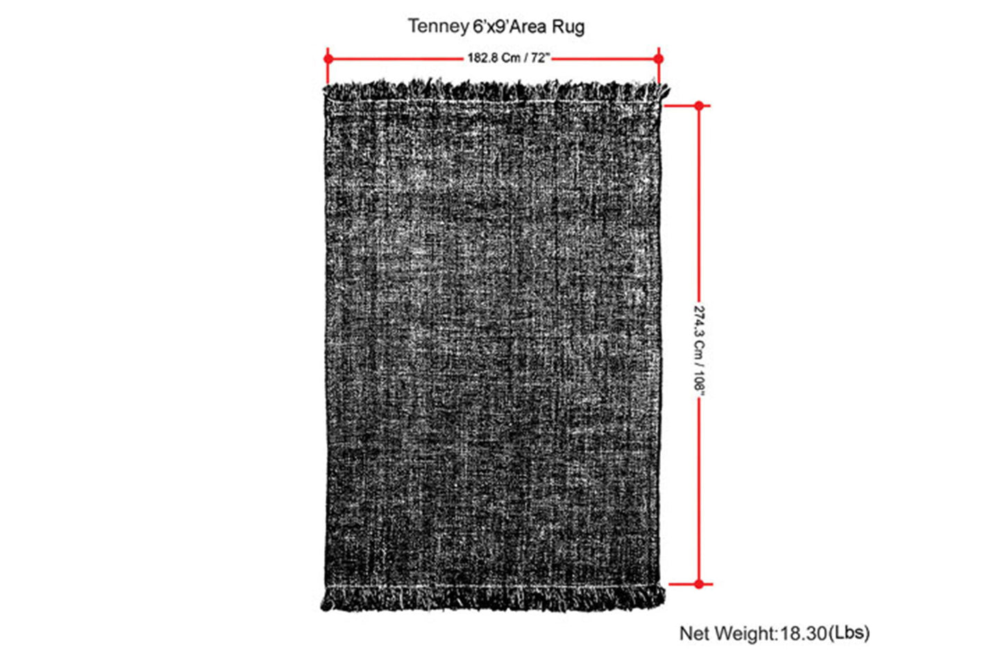 A rectangular black area rug, the "Tenney - Handcrafted Area Rug," measures 182.8 cm (72 in) wide by 274.3 cm (108 in) long and has a net weight of 18.3 lbs.