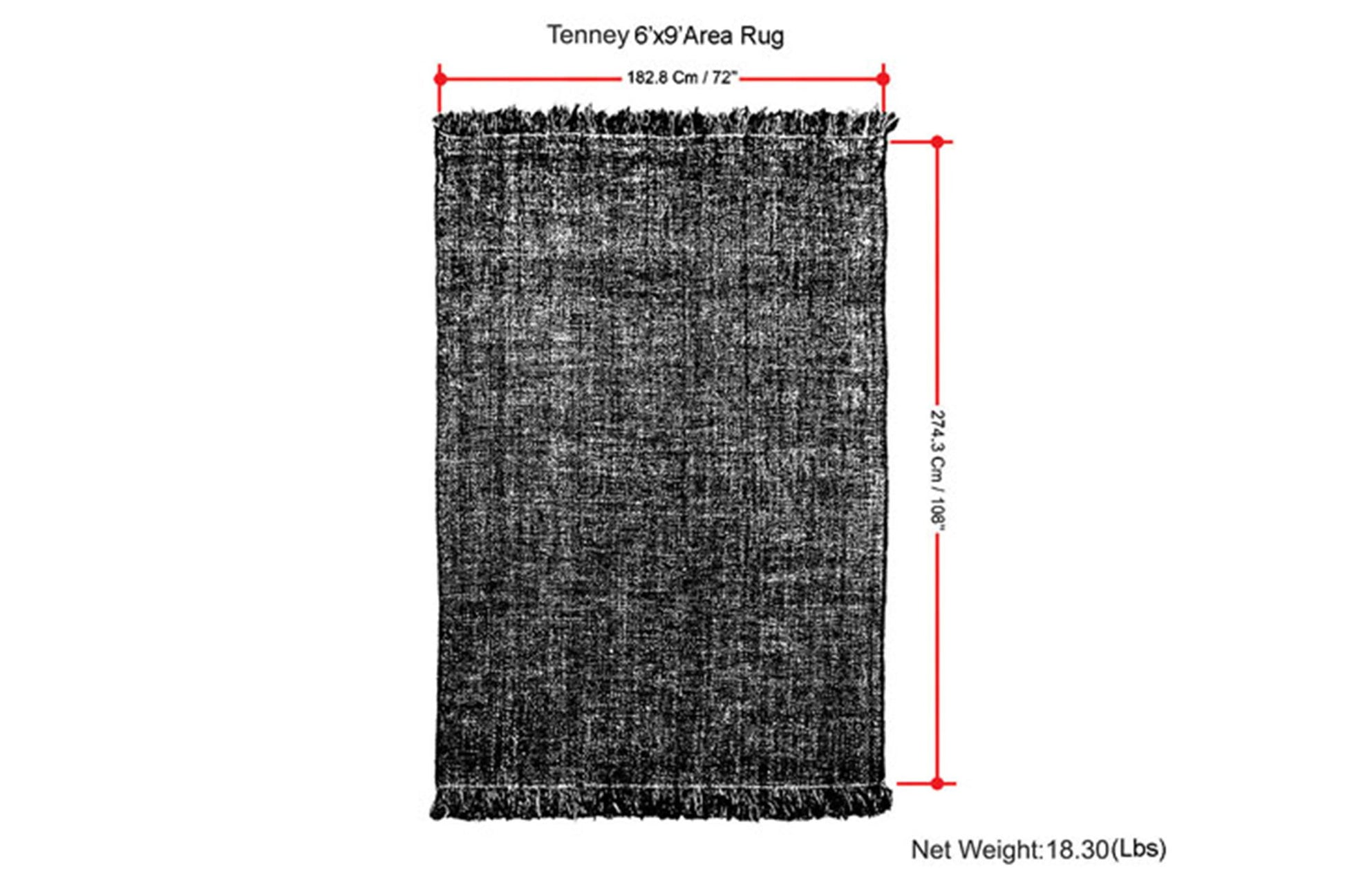 A rectangular black area rug, the "Tenney - Handcrafted Area Rug," measures 182.8 cm (72 in) wide by 274.3 cm (108 in) long and has a net weight of 18.3 lbs.