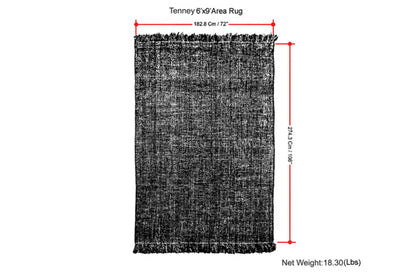 A rectangular black area rug, the "Tenney - Handcrafted Area Rug," measures 182.8 cm (72 in) wide by 274.3 cm (108 in) long and has a net weight of 18.3 lbs.