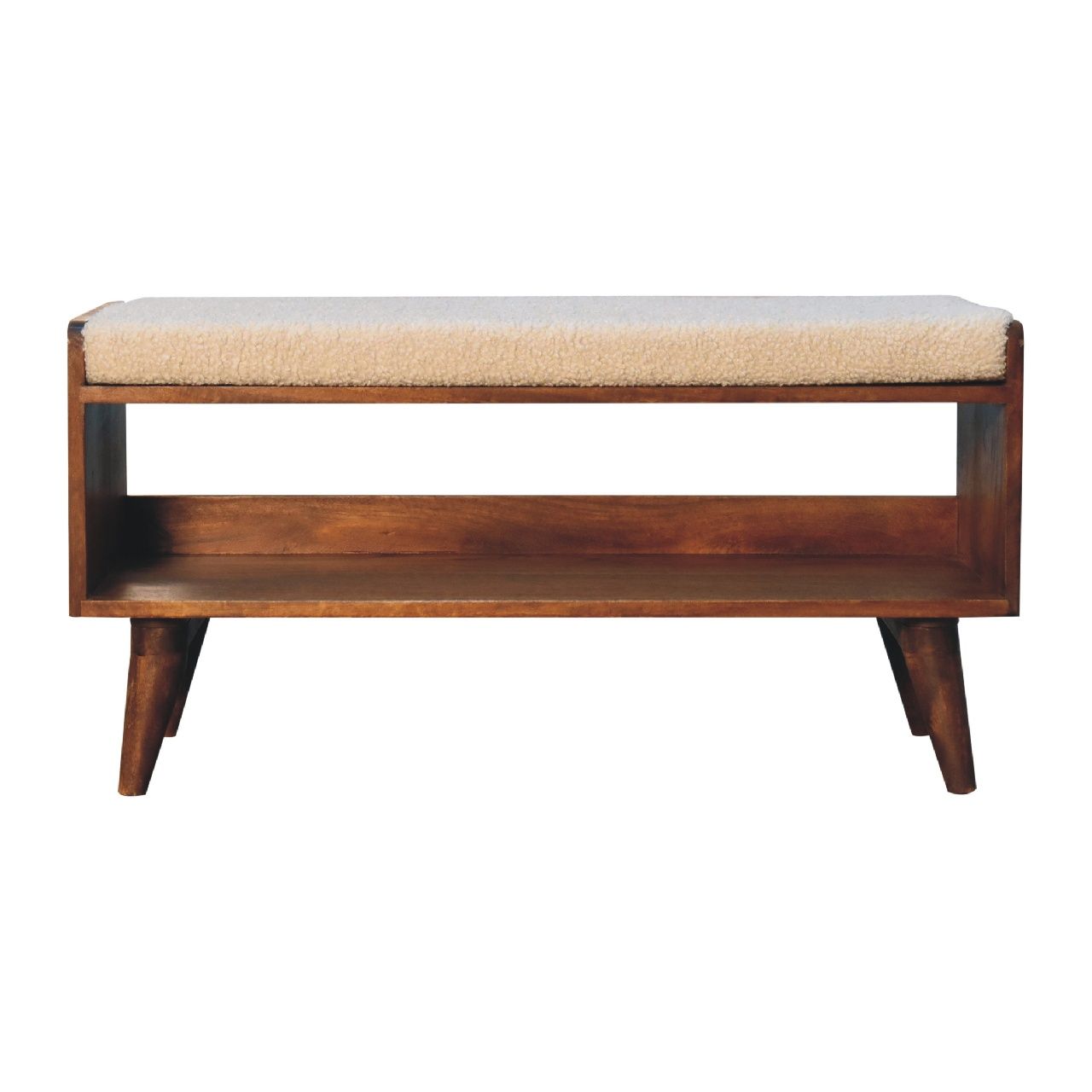 The Solid Wood Bench With Upholstered Seat features angled legs, a light-colored cushioned top, and an open lower shelf for storage.