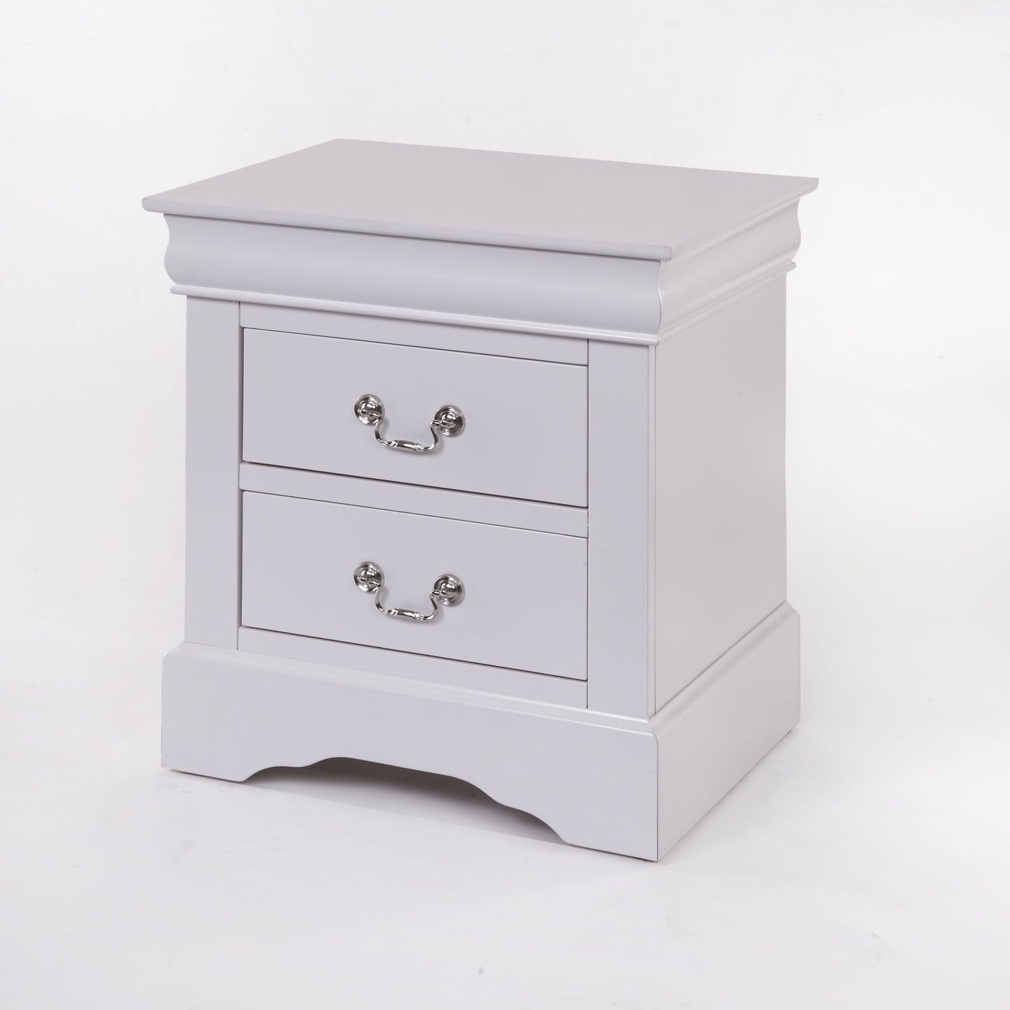 The Louis Philippe III - Sleek Design Nightstand is a white wooden piece with two drawers featuring silver handles, shown against a plain white background.