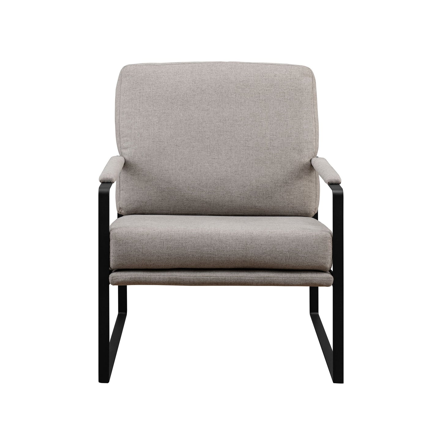 The Contemporary Square Metal Frame Accent Chair features a light gray cushioned seat and backrest, with slim black metal armrests and legs, displayed against a white background.