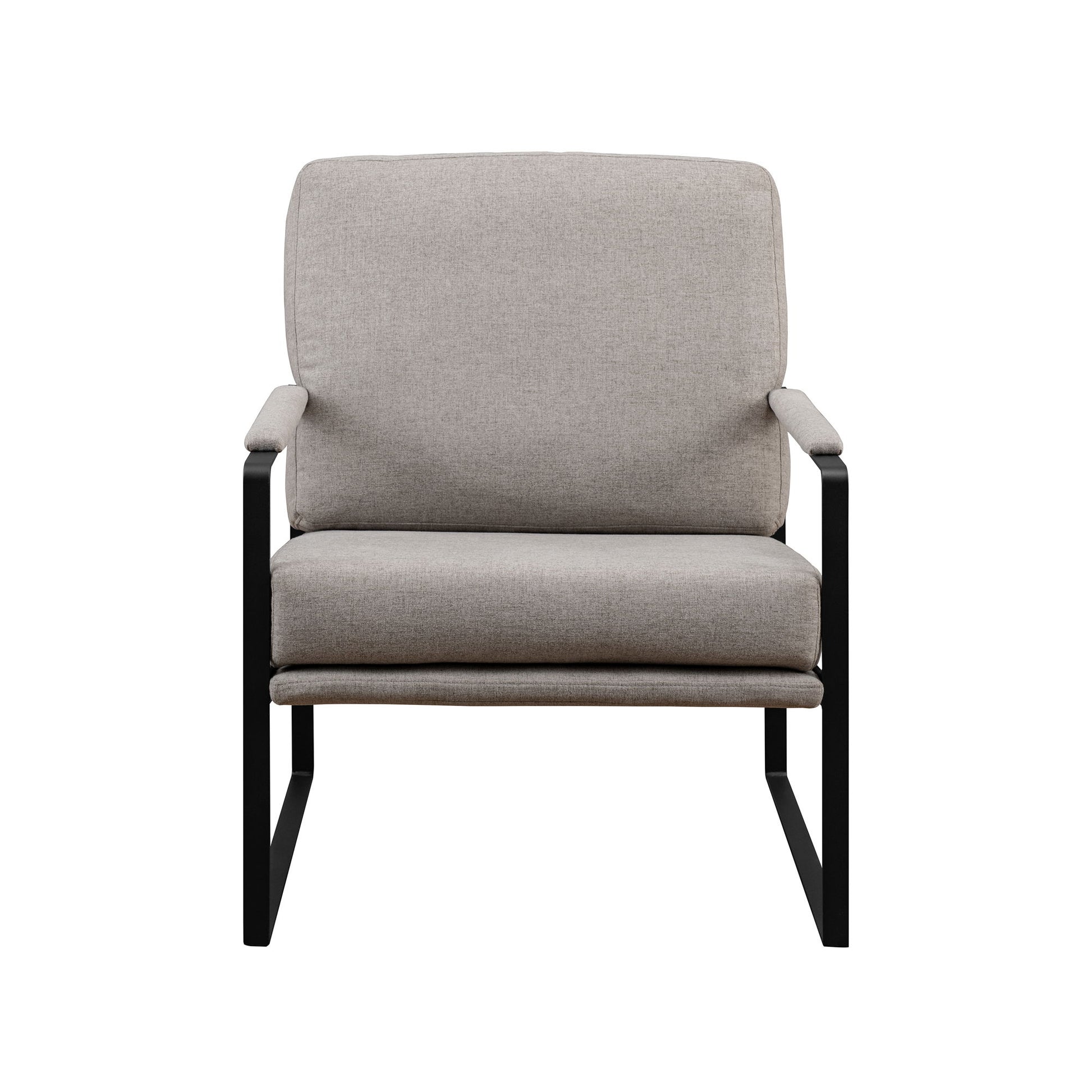The Contemporary Square Metal Frame Accent Chair features a light gray cushioned seat and backrest, with slim black metal armrests and legs, displayed against a white background.