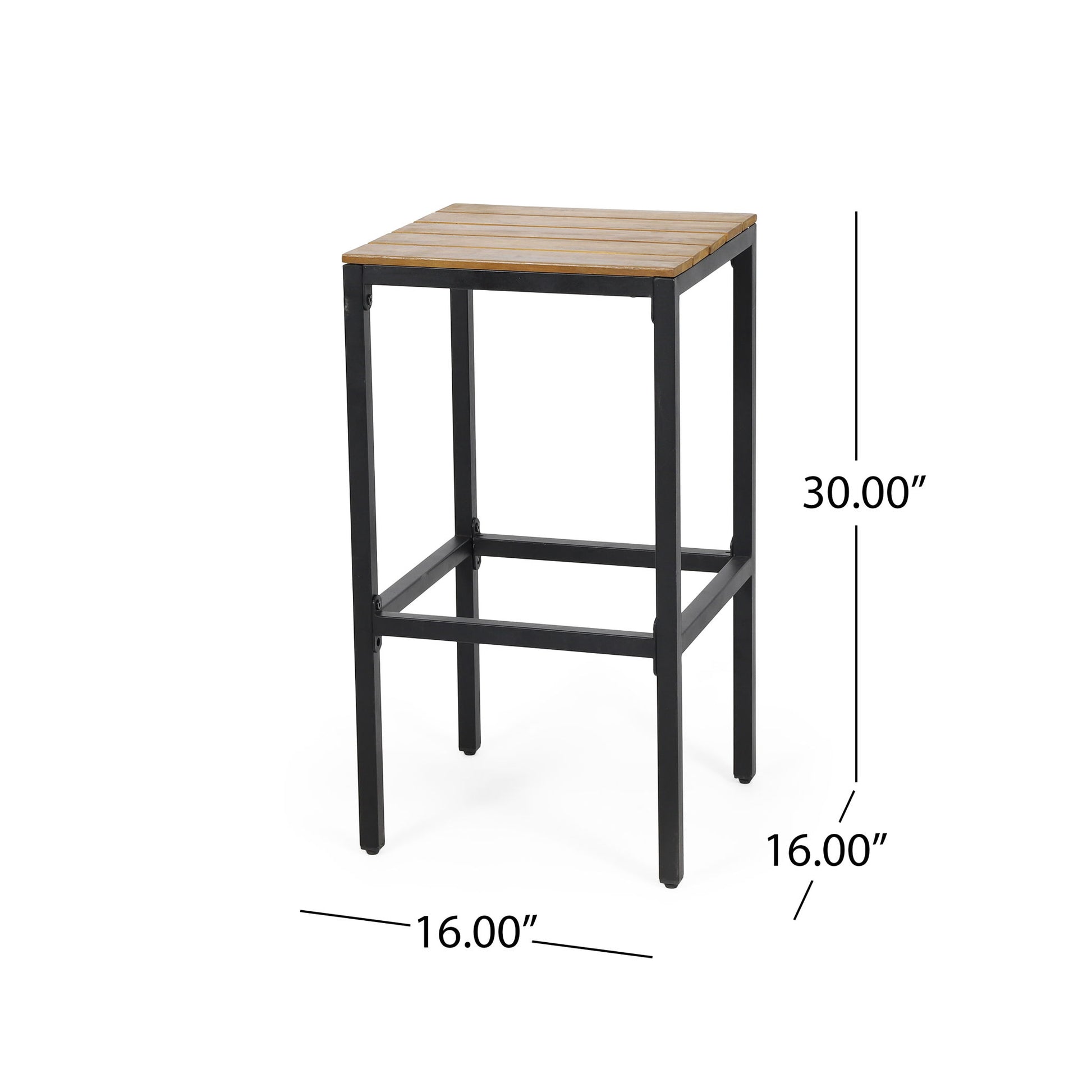 The Outdoor Bar Stool With Slat Design And Metal Frame (Set of 2) features a 30-inch high seat with a 16" x 16" square wooden seat and sturdy black metal legs.
