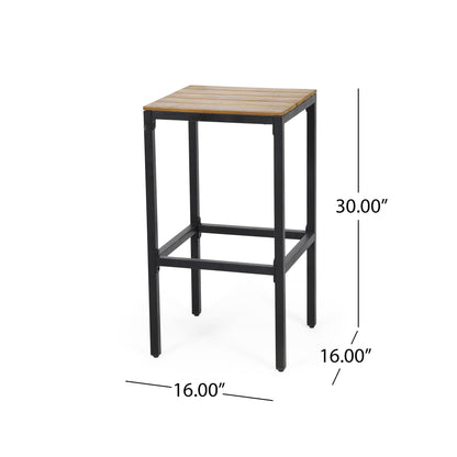 The Outdoor Bar Stool With Slat Design And Metal Frame (Set of 2) features a 30-inch high seat with a 16" x 16" square wooden seat and sturdy black metal legs.
