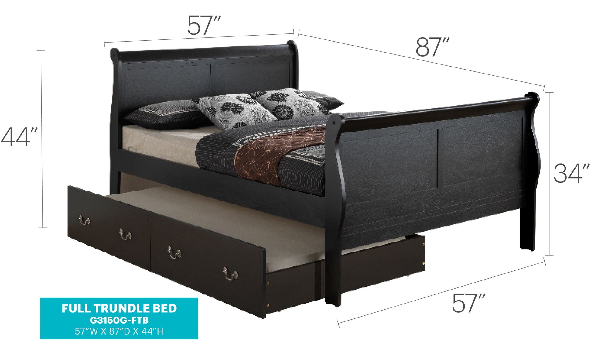The Elegant Trundle Bed With Timeless Charm features a dark wood finish, curved headboard and footboard, patterned bedding, pull-out drawer below, and measures 57" W x 87" D x 44" H.