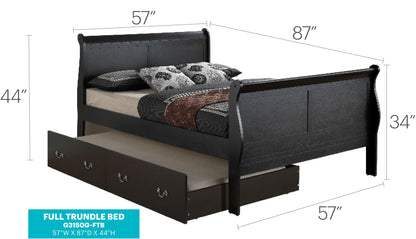 The Elegant Trundle Bed With Timeless Charm features a dark wood finish, curved headboard and footboard, patterned bedding, pull-out drawer below, and measures 57" W x 87" D x 44" H.