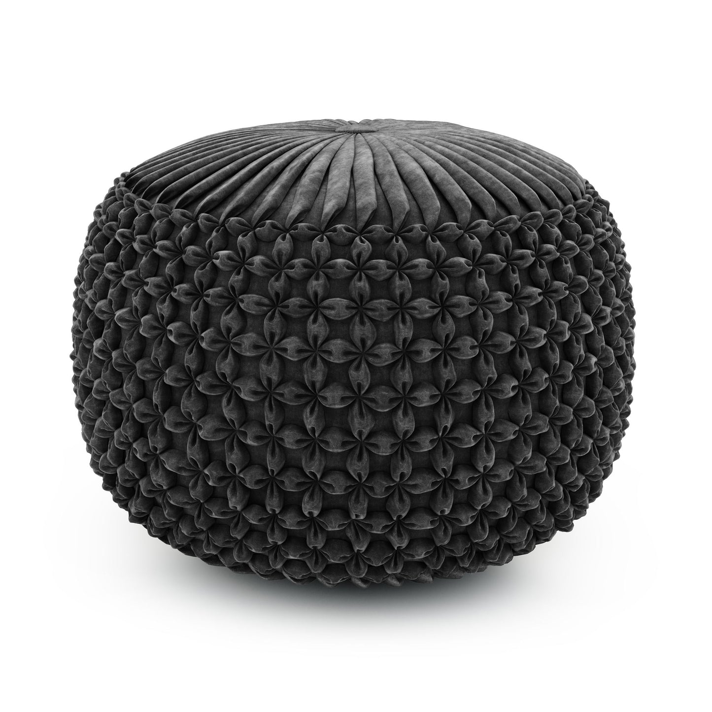 The Renee - Handcrafted Round Pouf is a round, black ottoman featuring a pleated top and detailed tufted pattern on the sides, shown against a white background.