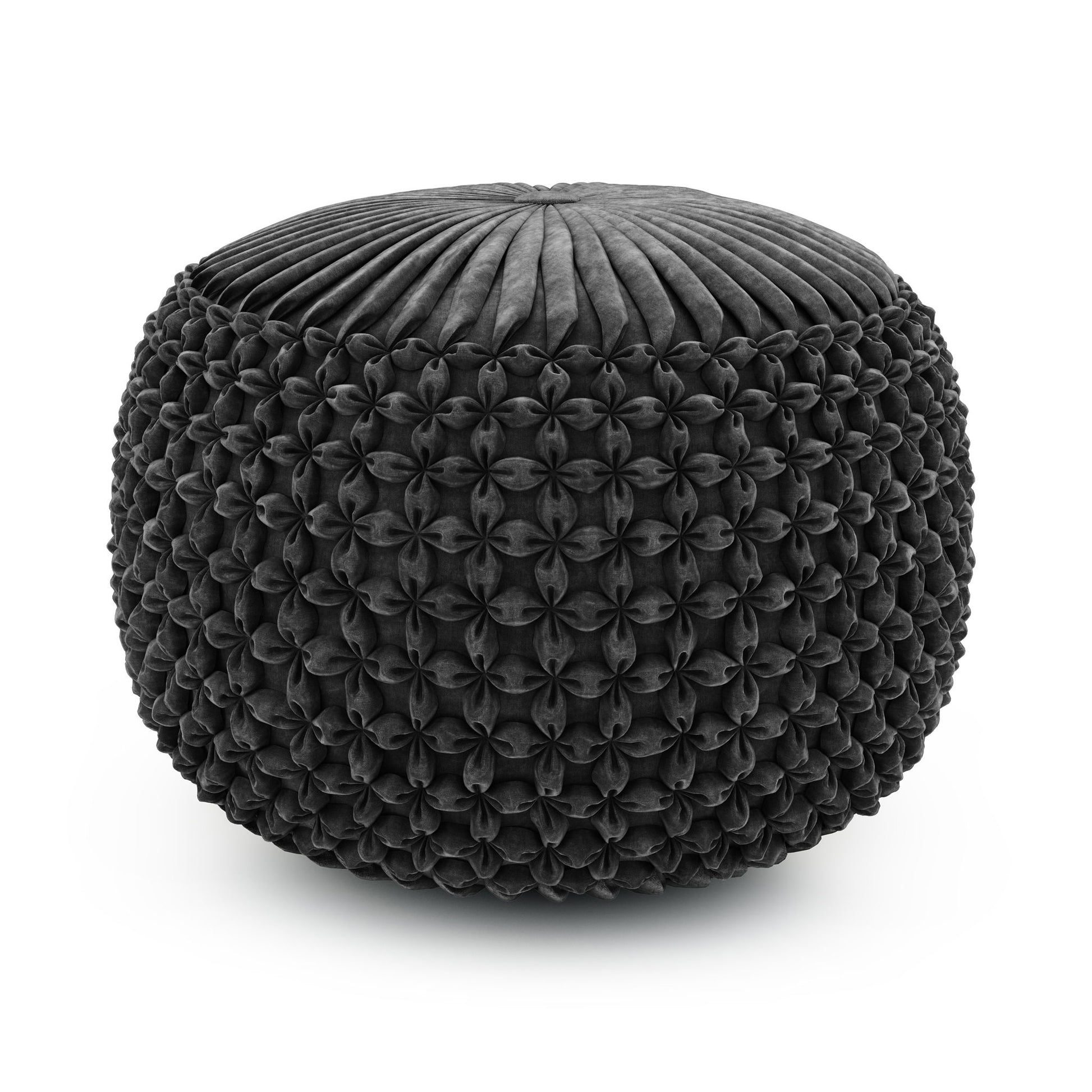 The Renee - Handcrafted Round Pouf is a round, black ottoman featuring a pleated top and detailed tufted pattern on the sides, shown against a white background.