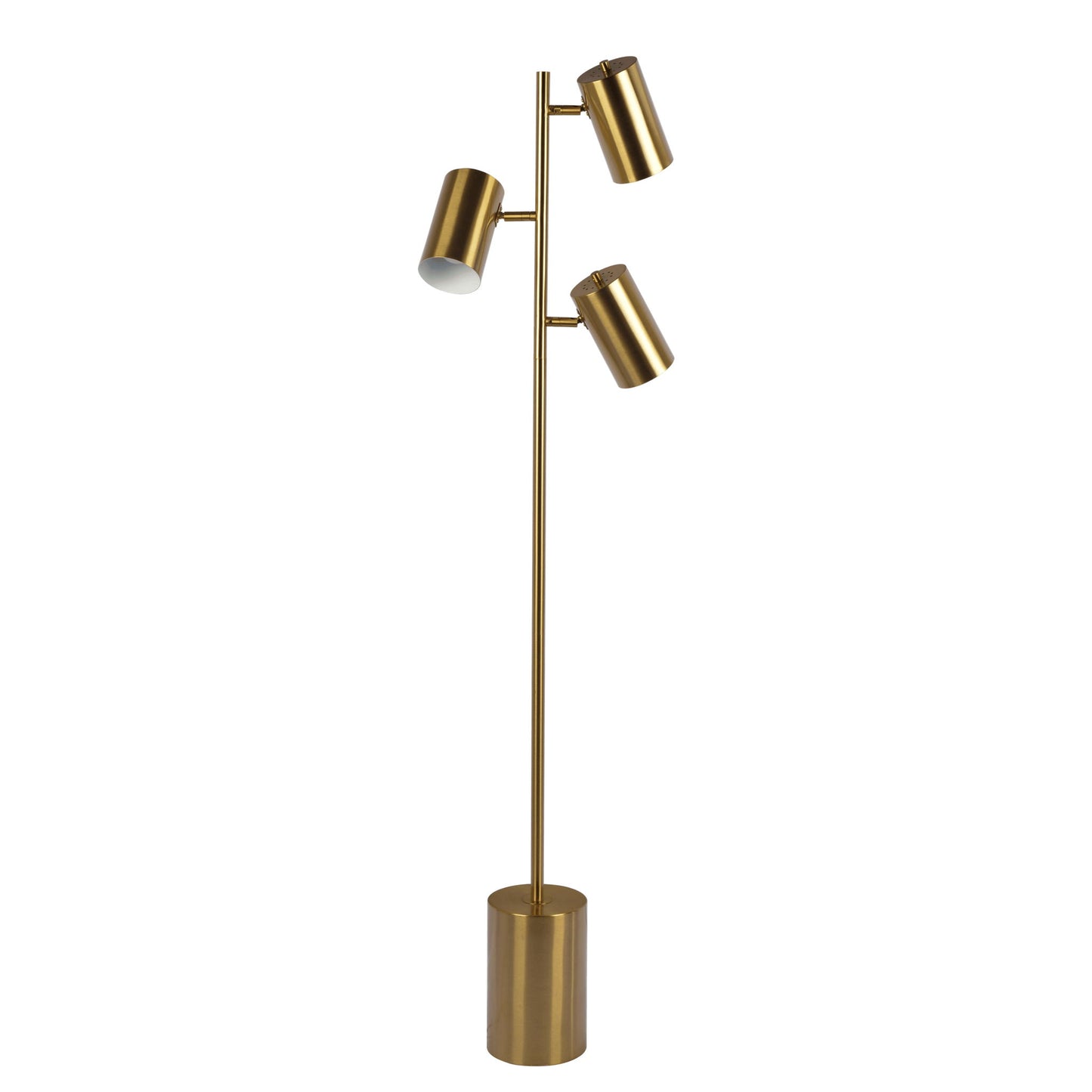 The Harmony Floor Lamp in gold features three adjustable cylindrical light heads on a slim pole with a block base and rotary switch.