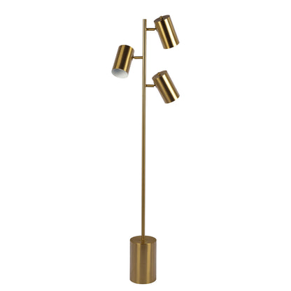 The Harmony Floor Lamp in gold features three adjustable cylindrical light heads on a slim pole with a block base and rotary switch.