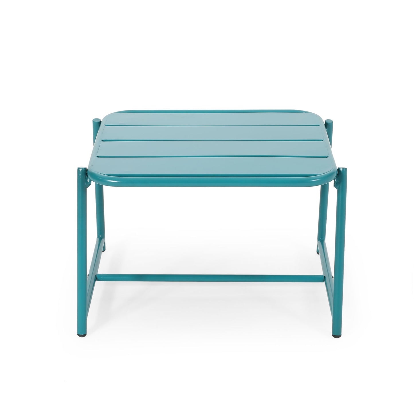 The Conrad - Side Table Outdoor is a teal, square metal table with a slatted top, rounded corners, and four legs reinforced by horizontal bars.