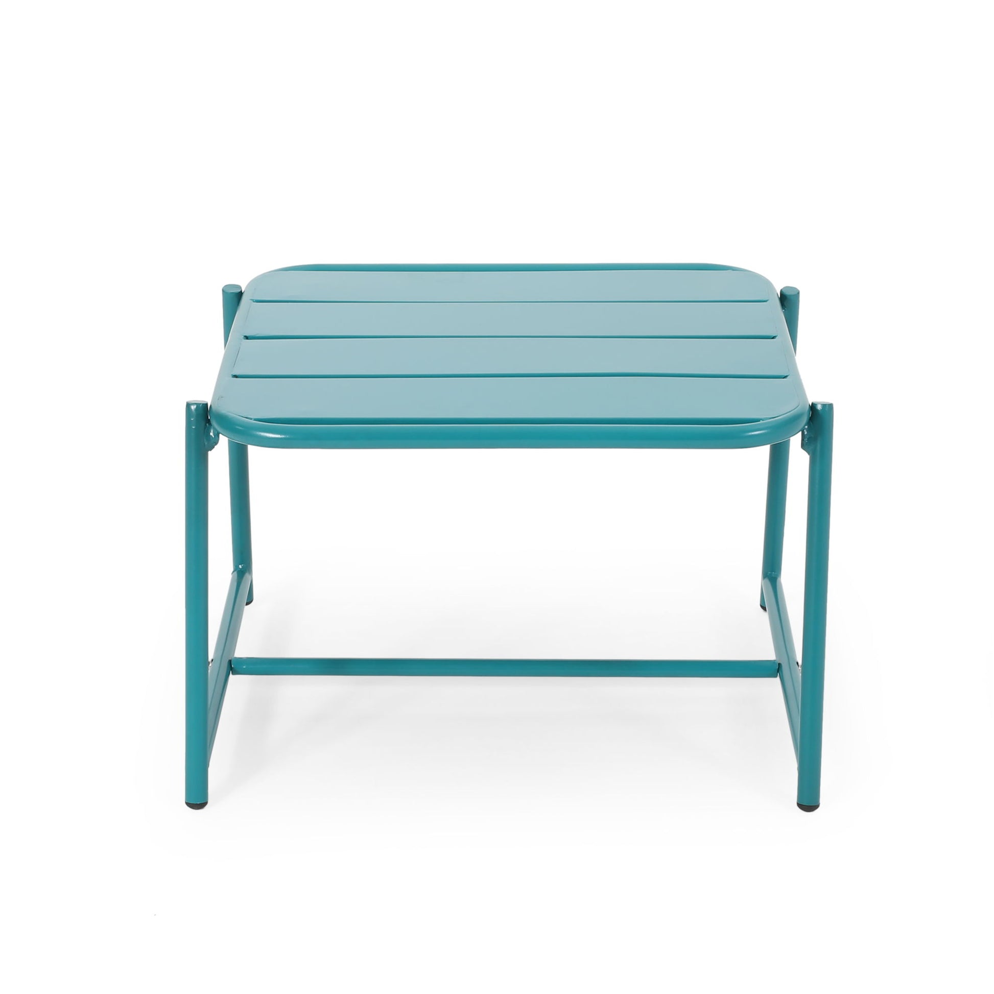 The Conrad - Side Table Outdoor is a teal, square metal table with a slatted top, rounded corners, and four legs reinforced by horizontal bars.
