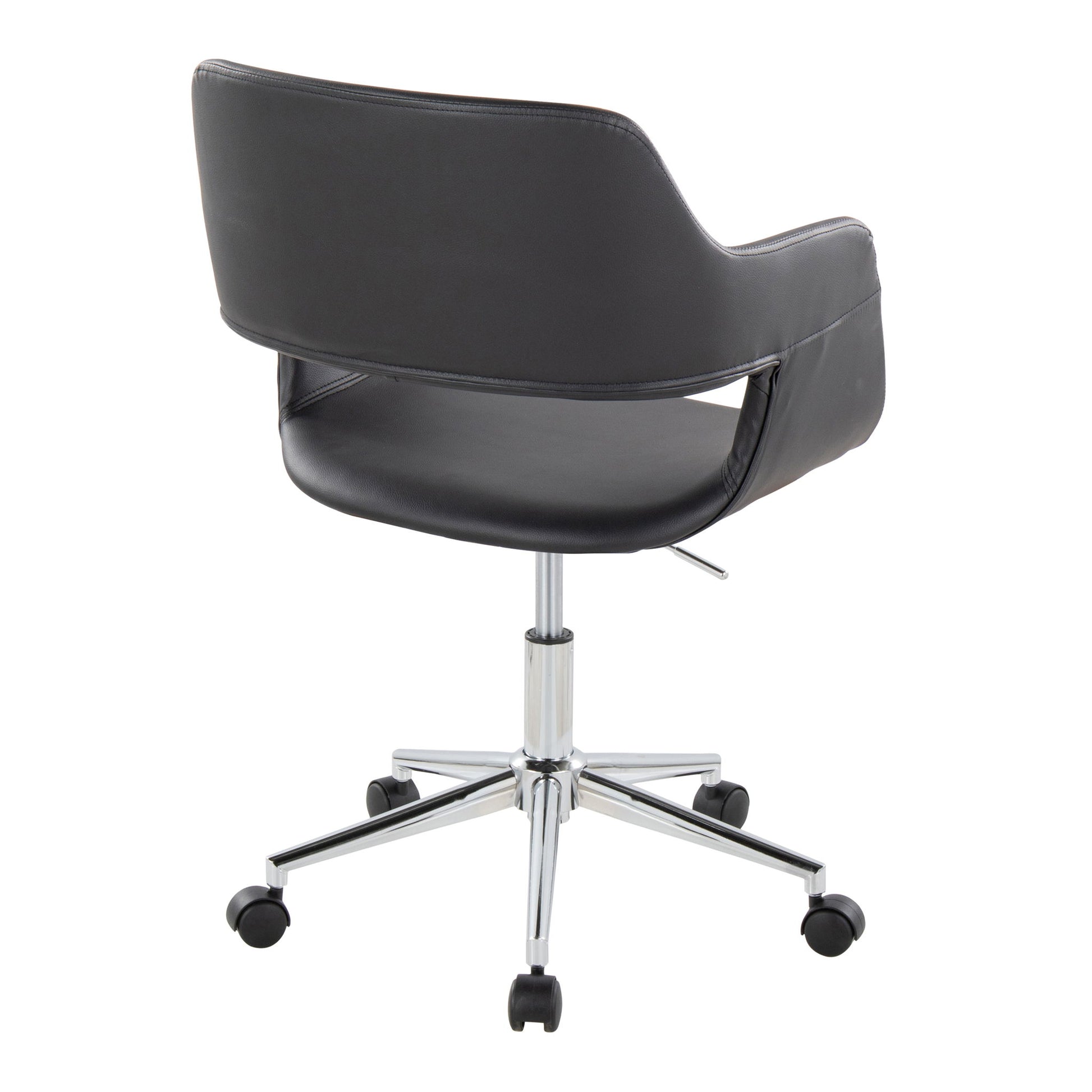The Margarite Contemporary Office Task Chair features a black curved backrest and seat on a five-wheel chrome base, shown from the back against a white background.
