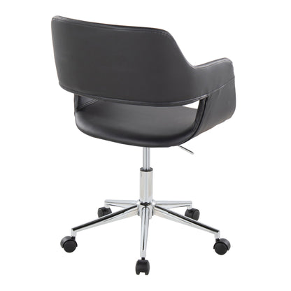 The Margarite Contemporary Office Task Chair features a black curved backrest and seat on a five-wheel chrome base, shown from the back against a white background.
