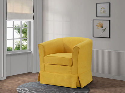 The Tucker - Woven Fabric Swivel Barrel Chair in bright yellow sits on a patterned rug in a modern room with white walls, a large window, and two framed artworks—one reads "Be Kind," the other features a flower.