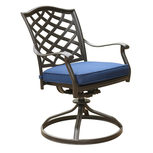 The Outdoor Patio Aluminum Swivel Rocker Dining Chair With Cushion (Set of 2) features metal construction, curved armrests, a decorative lattice-style backrest, blue cushioned seat, and a circular base for support.