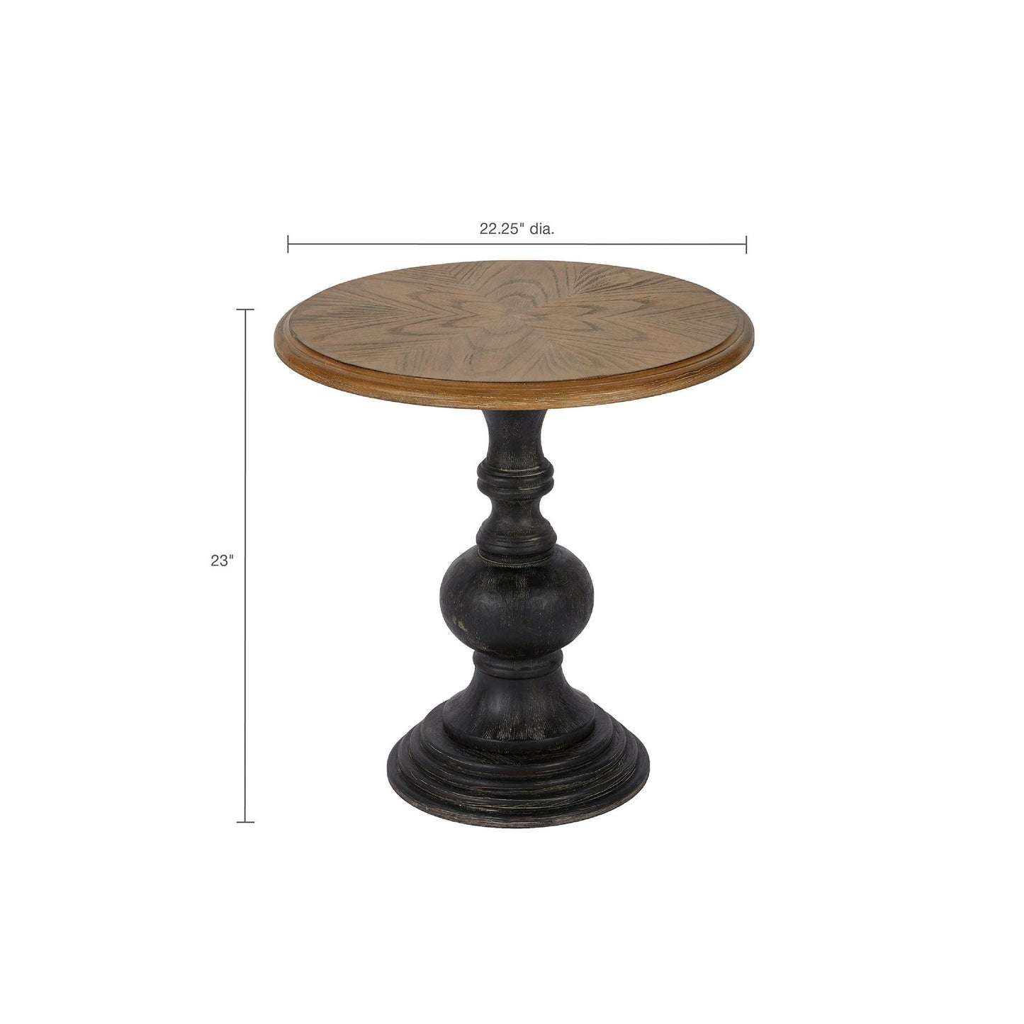 Table With Reclaimed - Natural features a round reclaimed wood top with sunburst pattern, black ornate pedestal base, measures 23" tall and 22.25" in diameter, displayed on white background with dimension lines.
