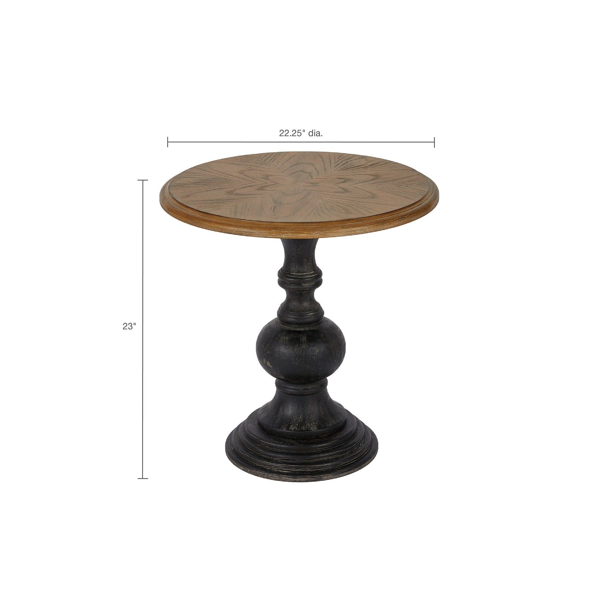 Table With Reclaimed - Natural features a round reclaimed wood top with sunburst pattern, black ornate pedestal base, measures 23" tall and 22.25" in diameter, displayed on white background with dimension lines.