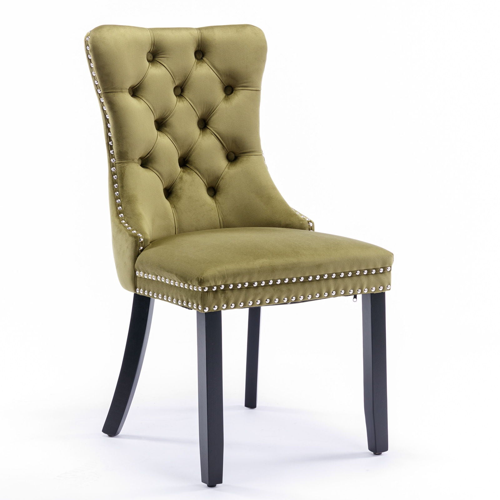 The Nikki set includes two modern olive green velvet dining chairs with button-tufted backrests, silver nailhead trim, and black wood legs, shown against a white background.