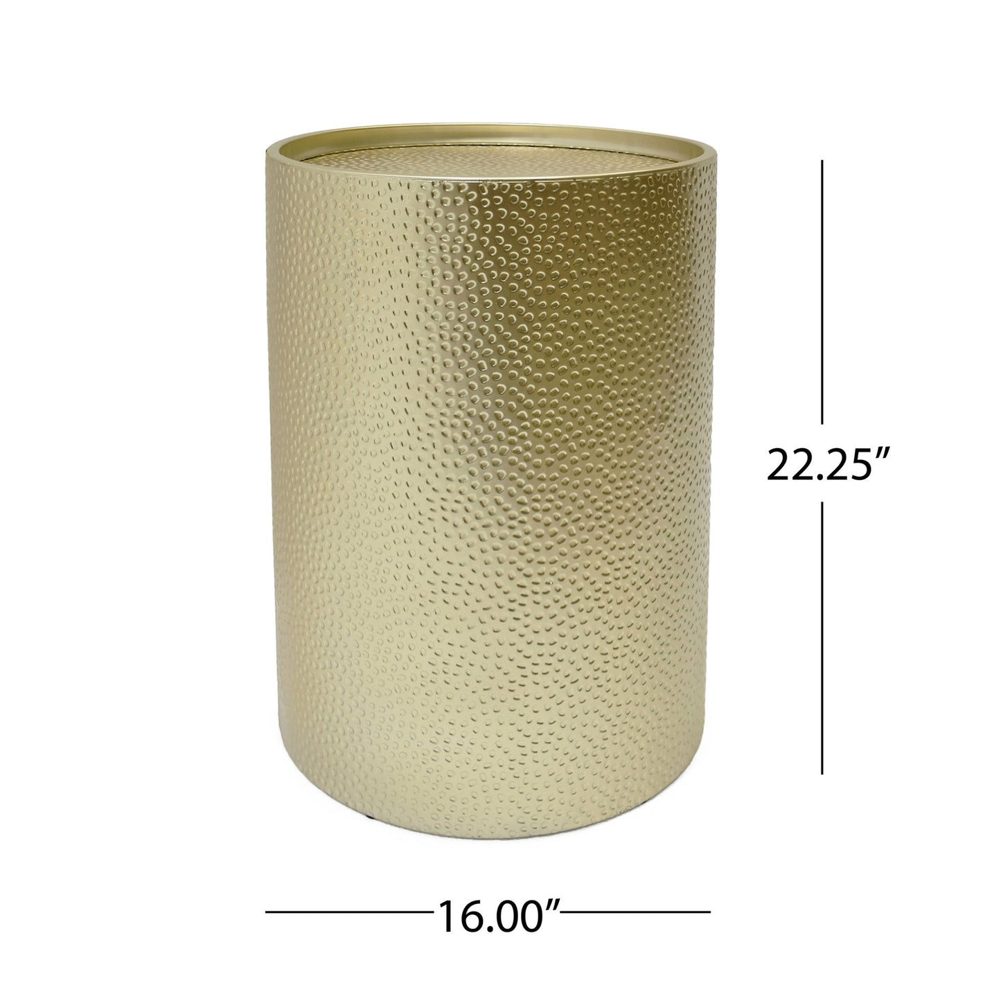 The Modern Round Accent Table features a gold cylindrical metal design with a hammered surface, measuring 22.25 inches tall and 16 inches in diameter. Measurement lines and labels indicate height and width.