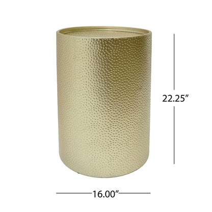 The Modern Round Accent Table features a gold cylindrical metal design with a hammered surface, measuring 22.25 inches tall and 16 inches in diameter. Measurement lines and labels indicate height and width.