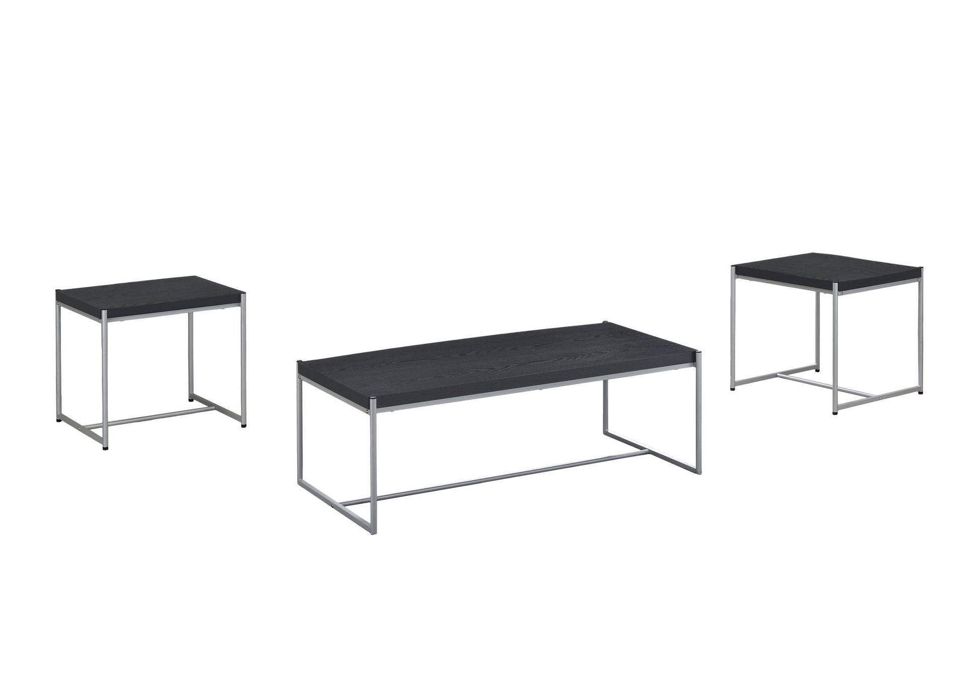 The Lennox 3 Piece Coffee and End Table Set features one central coffee table and two matching end tables, all with sleek black rectangular tops and slim silver metal frames, shown against a white background.