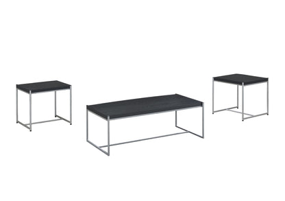 The Lennox 3 Piece Coffee and End Table Set features one central coffee table and two matching end tables, all with sleek black rectangular tops and slim silver metal frames, shown against a white background.