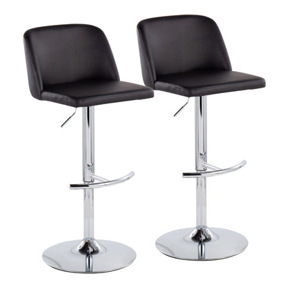 Set of 2 Toriano Contemporary Adjustable Barstools with black cushioned seats and backs, chrome swivel bases, and rounded T footrests, shown against a plain white background.