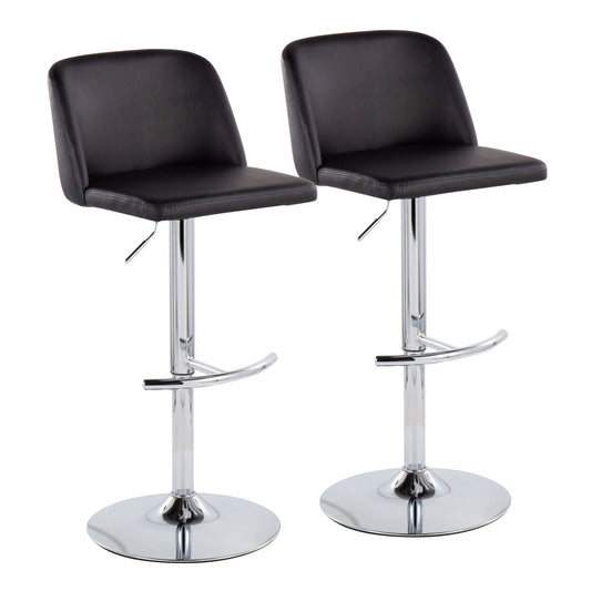 Set of 2 Toriano Contemporary Adjustable Barstools with black cushioned seats and backs, chrome swivel bases, and rounded T footrests, shown against a plain white background.
