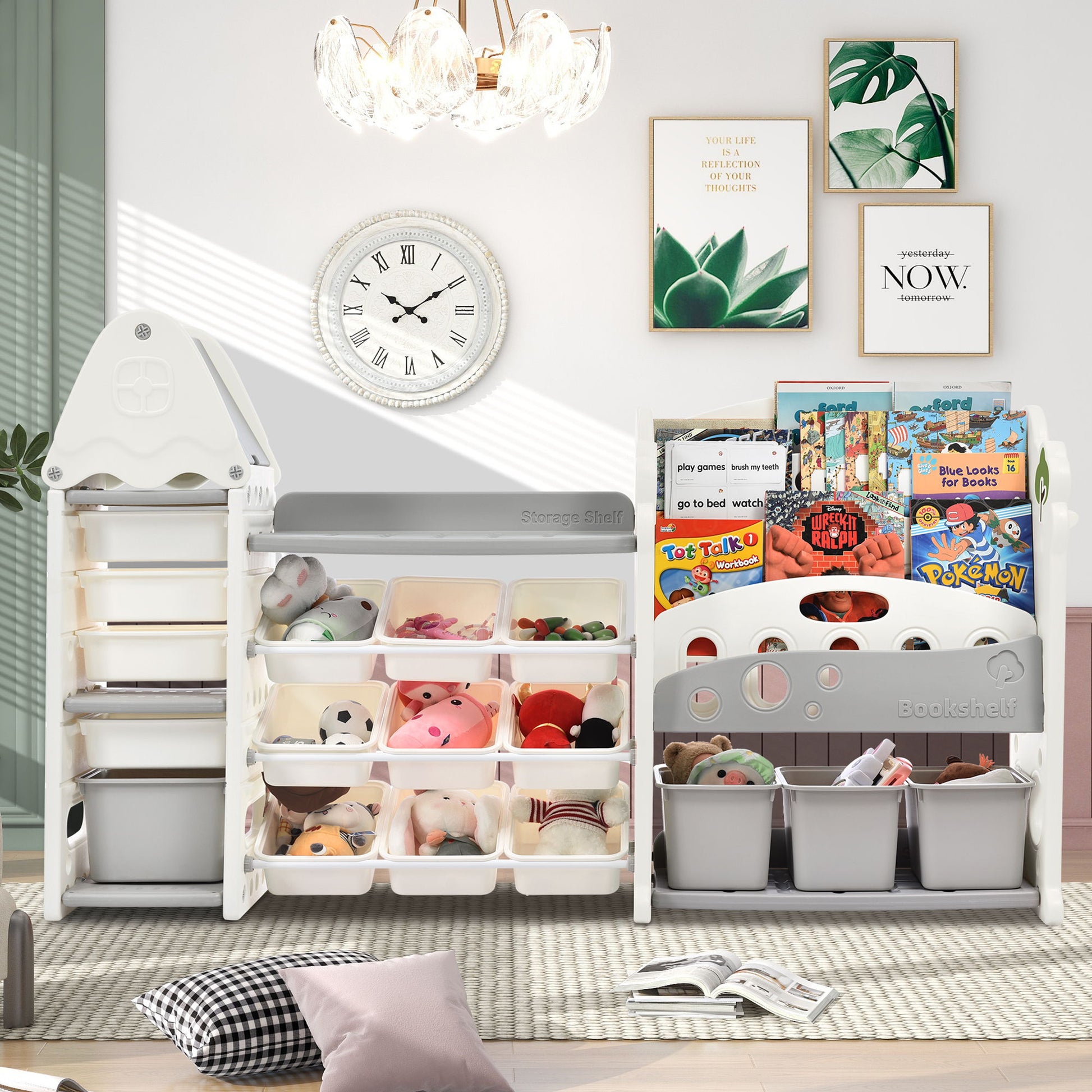 A tidy kids’ playroom features the Kids Bookshelf Toy Storage Organizer with 17 bins and 5 bookshelves, perfect for storing toys, stuffed animals, and books—plus wall art, a large clock, and a modern light fixture overhead.