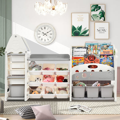 A tidy kids’ playroom features the Kids Bookshelf Toy Storage Organizer with 17 bins and 5 bookshelves, perfect for storing toys, stuffed animals, and books—plus wall art, a large clock, and a modern light fixture overhead.
