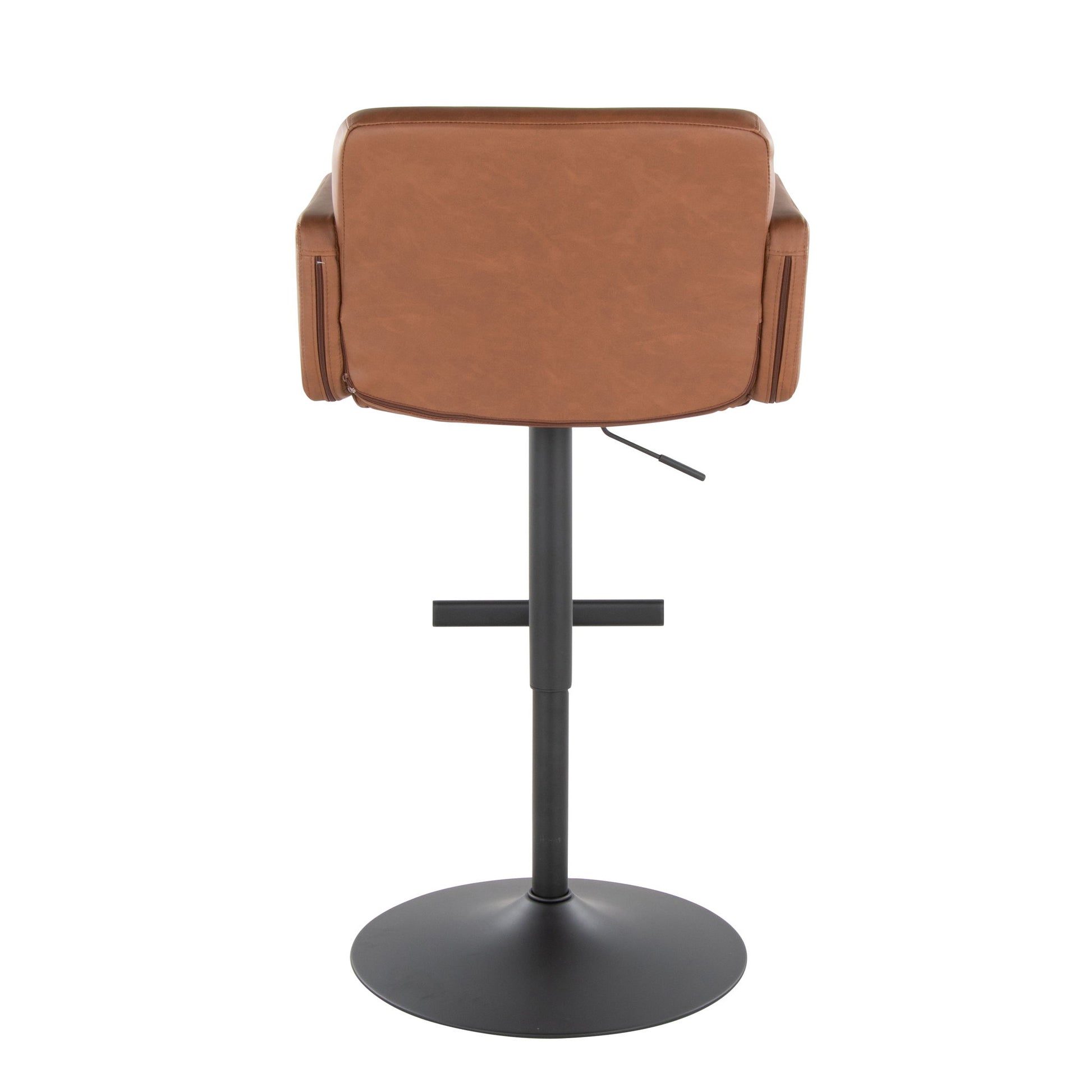 The Stout - Contemporary Adjustable Barstool With Swivel features a brown cushioned seat and backrest, black metal pedestal base, and footrest, shown from behind.