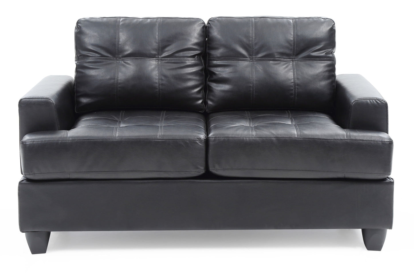 The Stylish Transitional Loveseat For Two features modern black leather, tufted cushions, wide armrests, and short black legs, shown against a white background.