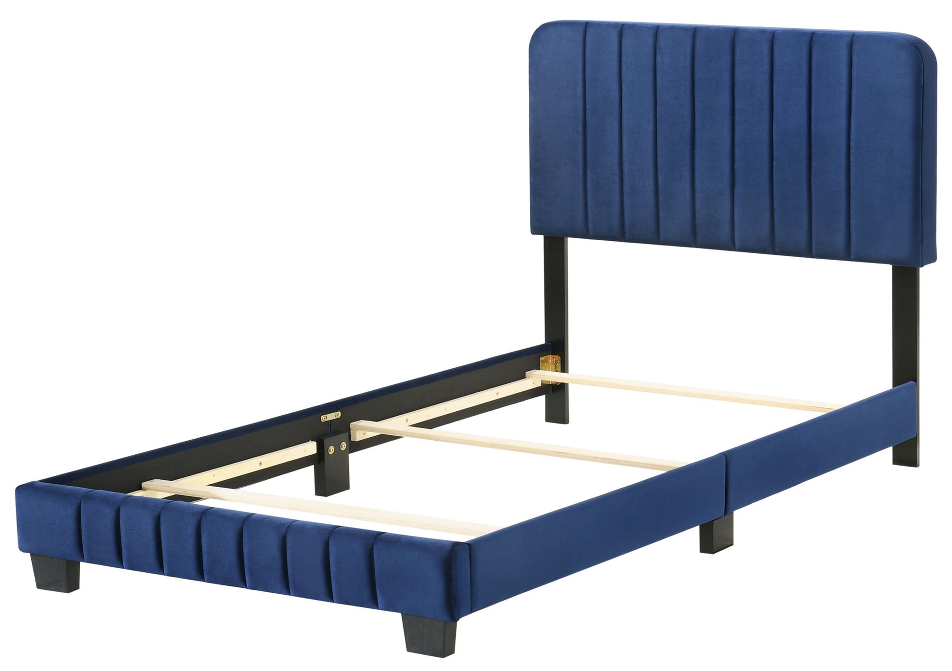 The Lodi - Bed is a blue upholstered twin bed frame with a tall, vertically-stitched headboard and short black legs, shown without a mattress or bedding.