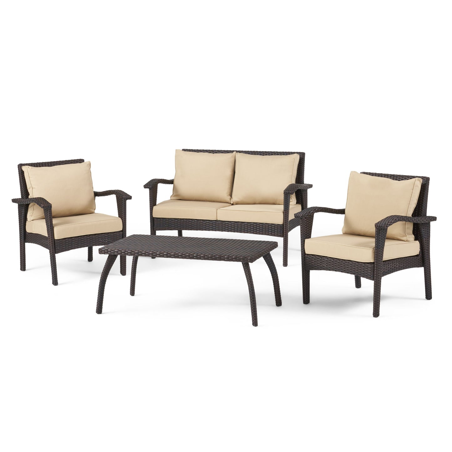 The Honolulu - Wicker Set Outdoor Seating includes two armchairs, a two-seat sofa, and a rectangular coffee table with dark wicker frames and light beige cushions.