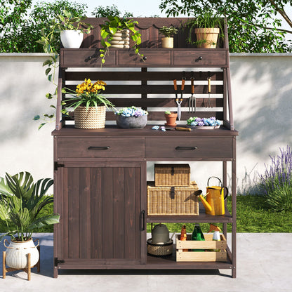 Potting Bench With 5 Drawer Storage And Slatted Back Panel, Garden Workstation - Brown
