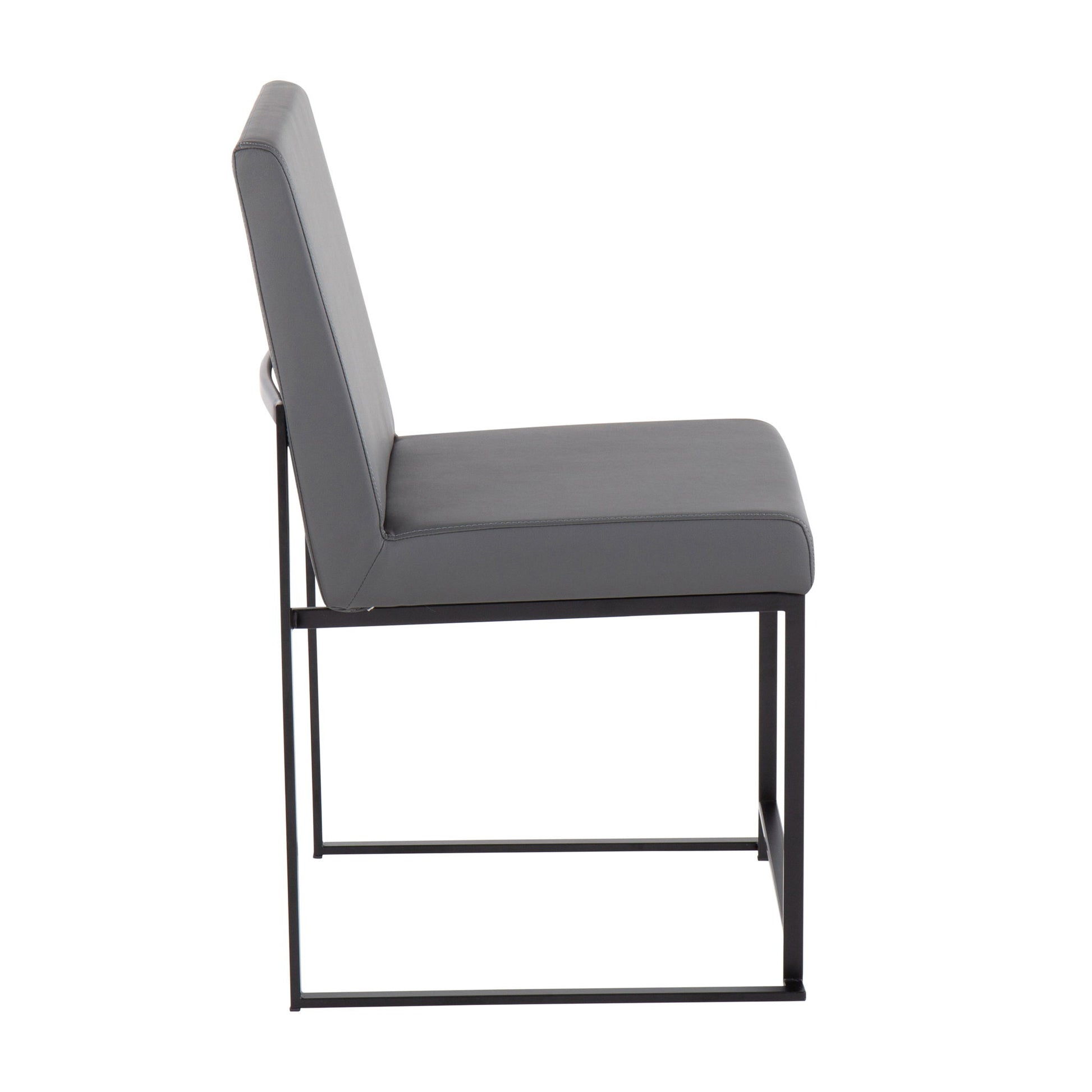 Side view of the Fuji High Back Dining Chair, featuring a dark grey cushioned seat and backrest on a minimalist black metal frame. Set includes 2 contemporary chairs for modern elegance.