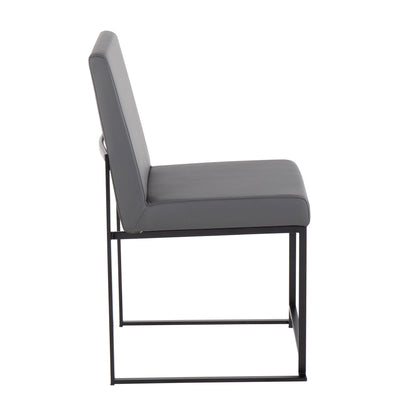 Side view of the Fuji High Back Dining Chair, featuring a dark grey cushioned seat and backrest on a minimalist black metal frame. Set includes 2 contemporary chairs for modern elegance.