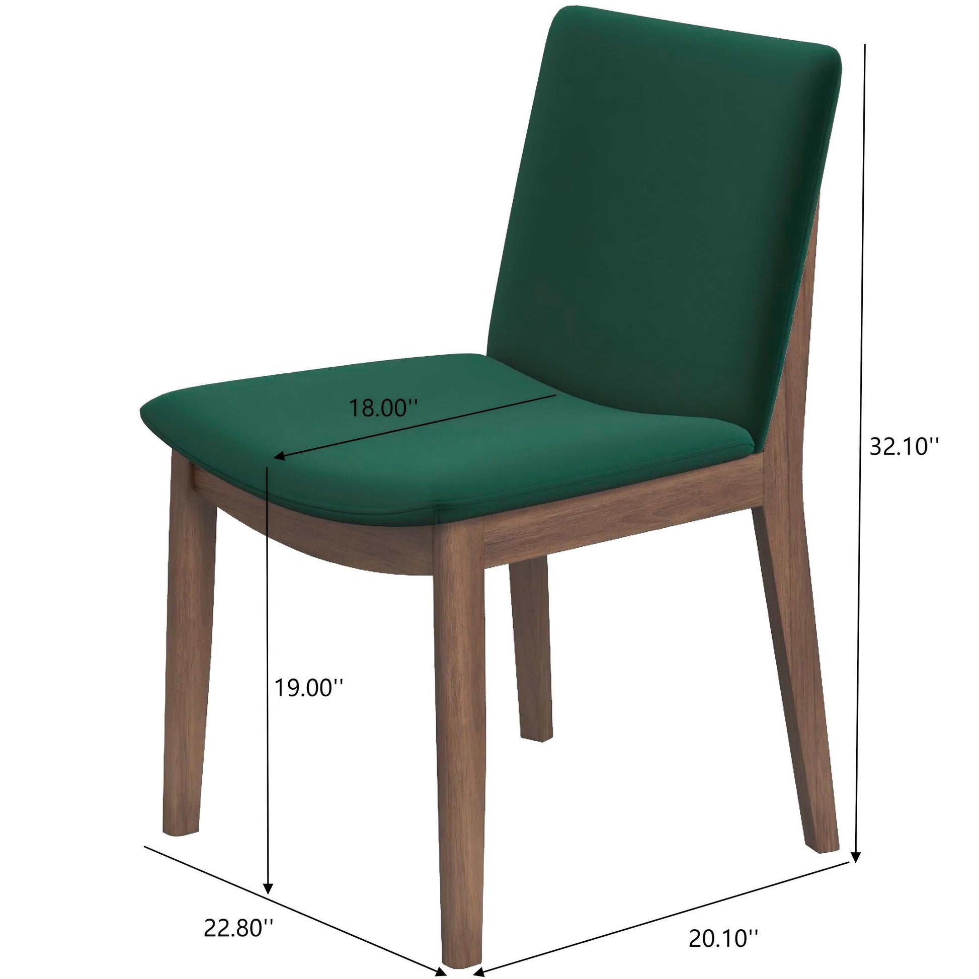 The Laura Mid-Century Modern Solid Wood Dining Chair (Set of 2) features green upholstered seat and backrest. Dimensions: seat width 18", seat height 19", overall height 32.1", depth 22.8", width 20.1".