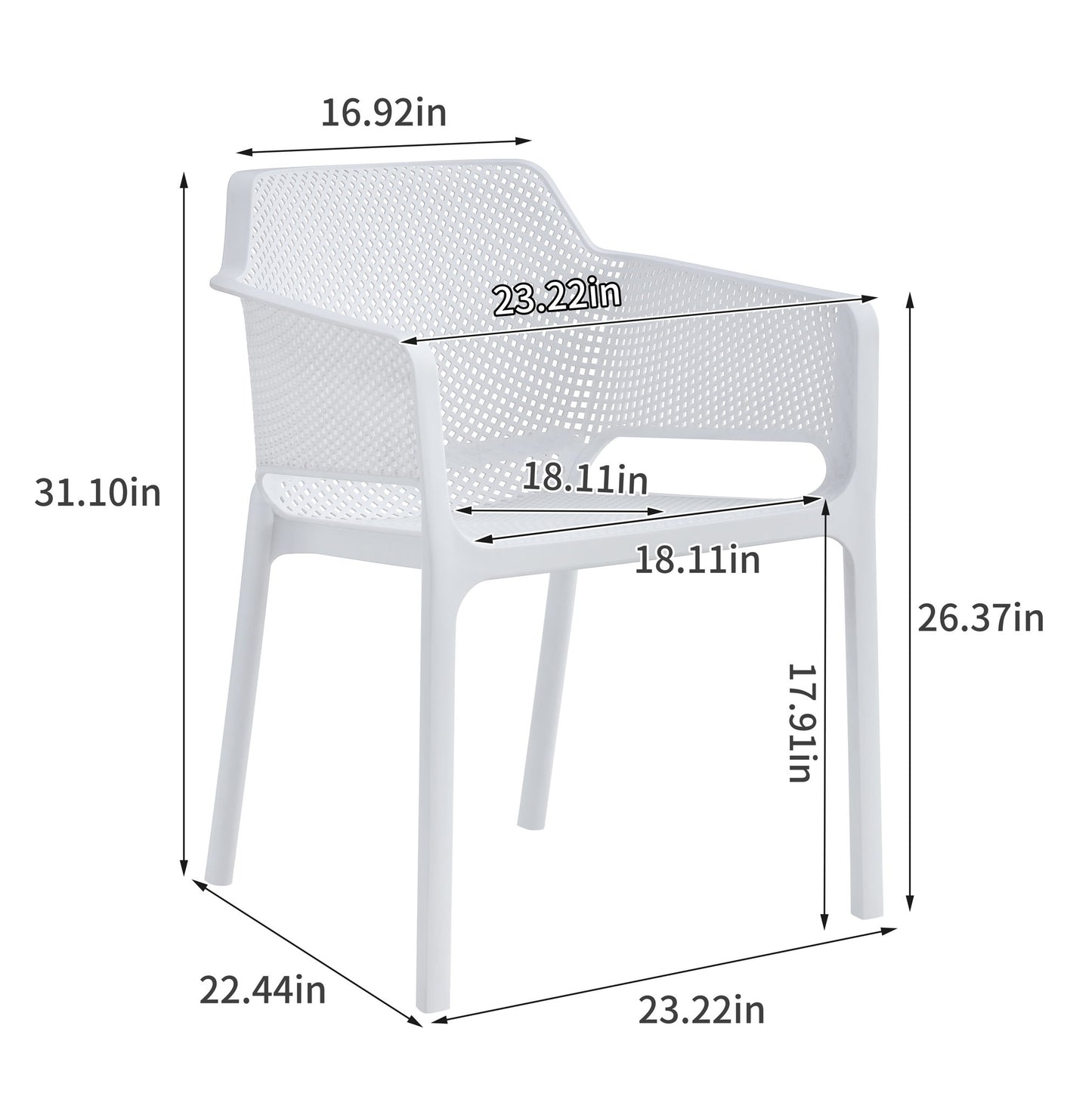 The 3 Piece Plastic Arm Chair Bistro Grs Premium Ocean Plastic features a perforated backrest and seat, shown at an angle with dimensions: height 31.10in, width 23.22in, depth 22.44in, seat height 17.91in, armrest height 26.37in.