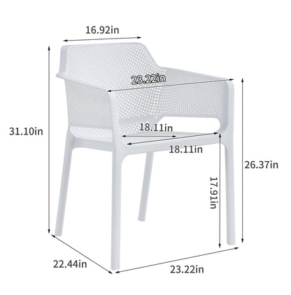 The 3 Piece Plastic Arm Chair Bistro Grs Premium Ocean Plastic features a perforated backrest and seat, shown at an angle with dimensions: height 31.10in, width 23.22in, depth 22.44in, seat height 17.91in, armrest height 26.37in.