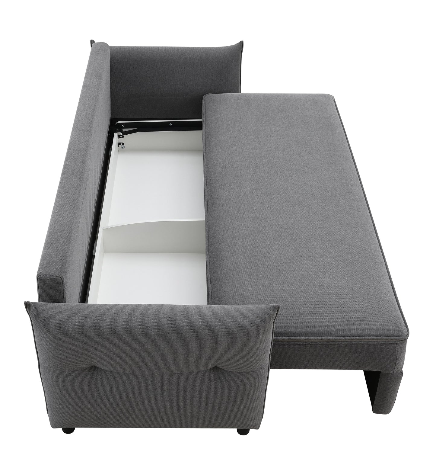 The Irina sectional sofa in gray features an L-shape with a tufted back, black legs, and a partially pulled-out chaise revealing an under-storage compartment.